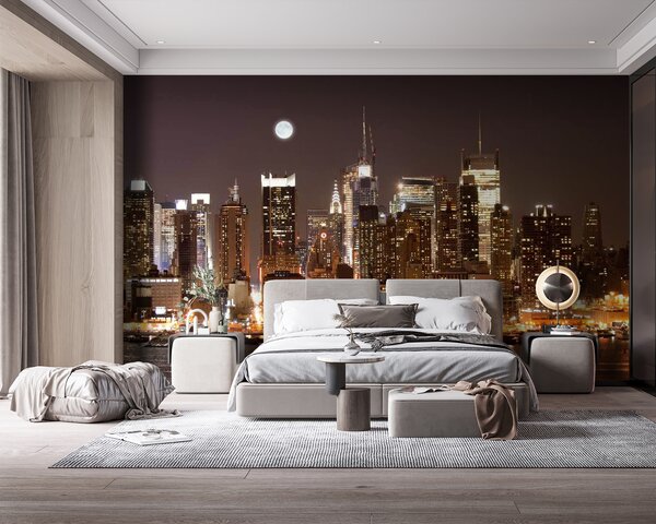 Carta da parati Lo skyline della città di notte con la luna in cielo, Carta da parati citta, Carta da parati popolare, u57923 - Tapeko.it