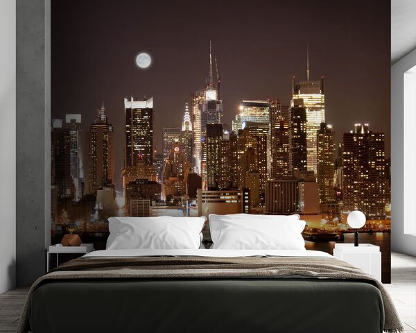 Carta da parati Lo skyline della città di notte con la luna in cielo, Carta da parati citta, Carta da parati popolare, u57923 - Tapeko.it