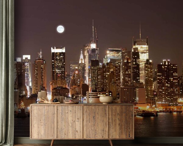 Carta da parati Lo skyline della città di notte con la luna in cielo, Carta da parati citta, Carta da parati popolare, u57923 - Tapeko.it