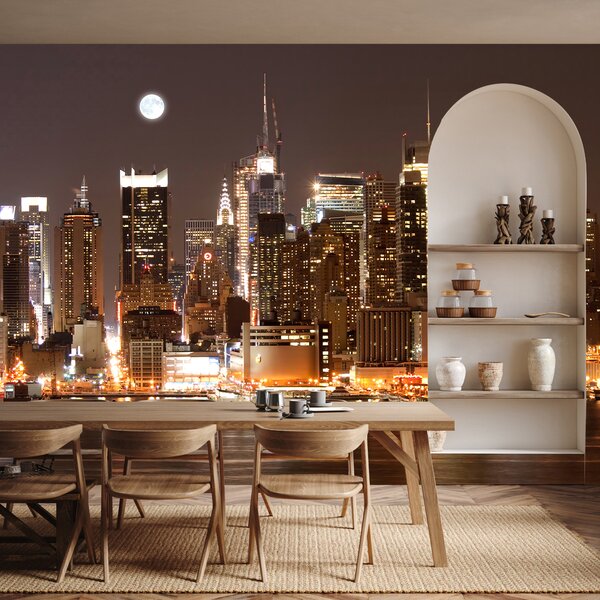 Carta da parati Lo skyline della città di notte con la luna in cielo, Carta da parati citta, Carta da parati popolare, u57923 - Tapeko.it