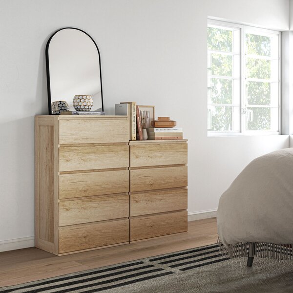 HOMCOM Comò 5 cassetti mobile da archiviazione dal design minimalista senza maniglie 60 x 38 x 100 cm legno naturale