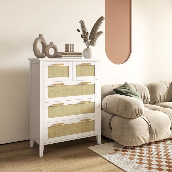 HOMCOM Cassettiera 5 cassetti maniglie in legno massiccio guide metalliche per ufficio salotto camera da letto 77 x 37 x 104 cm bianco