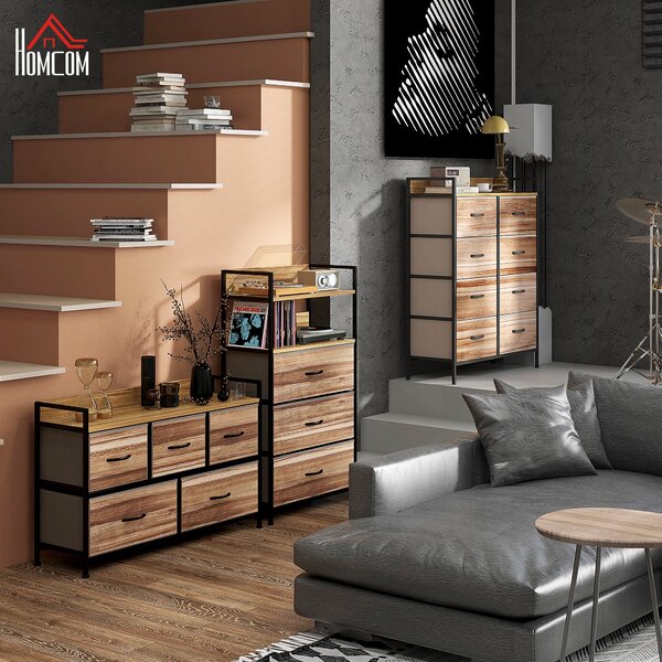 HOMCOM Mobile da inserimento stile industriale comoda 3 cassetti in tessuto rimovibili e 2 ripiani - 60 x 29 x 101cm - MDF e metallo