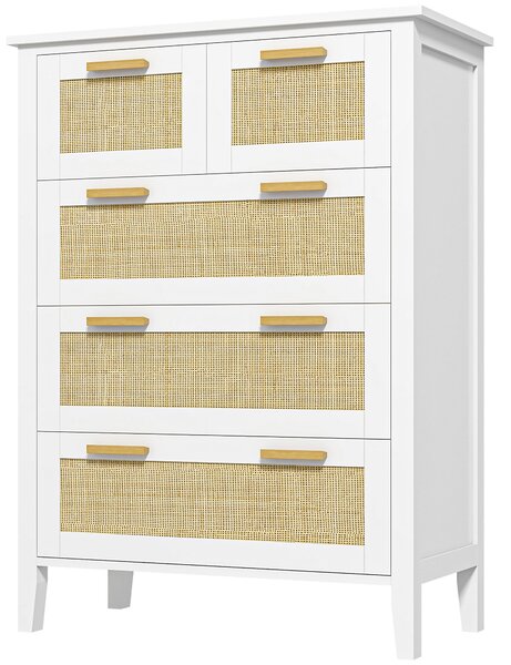 HOMCOM Cassettiera 5 cassetti maniglie in legno massiccio guide metalliche per ufficio salotto camera da letto 77 x 37 x 104 cm bianco