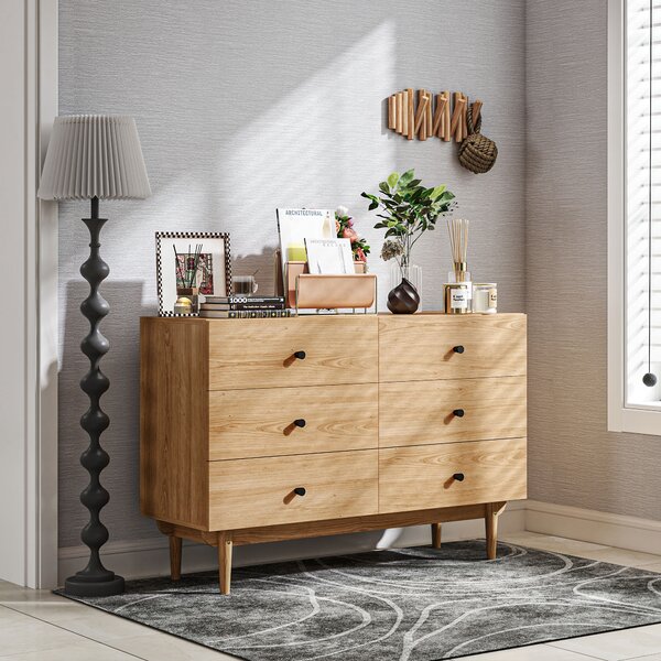 HOMCOM Cassettiera 6 cassetti mobile da archiviazione piedi in legno massello 120 x 40 x 80 cm colore legno