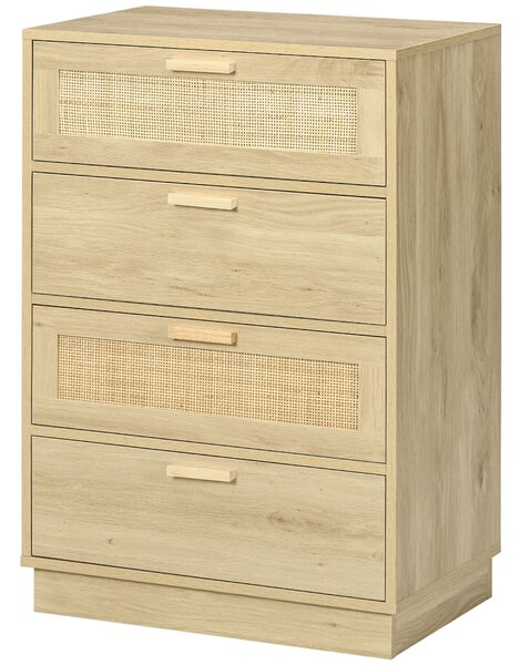 HOMCOM Cassettiera design bohémien in rattan con 4 cassetti, mobile guardaroba per soggiorno, corridoio, ingresso, legno naturale