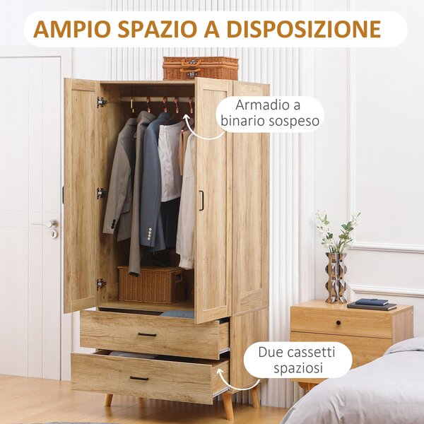 HOMCOM Armadio 2 Ante a Battente con 2 Cassetti e Asta Appendiabiti, 80x54x180 cm, Legno | Aosom Italy
