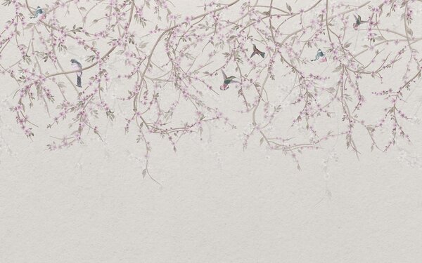 Carta da parati Pittura di uccelli su un ramo d'albero, Carta da parati Floreale, Carta da parati popolare, u58941v2 - Tapeko.it