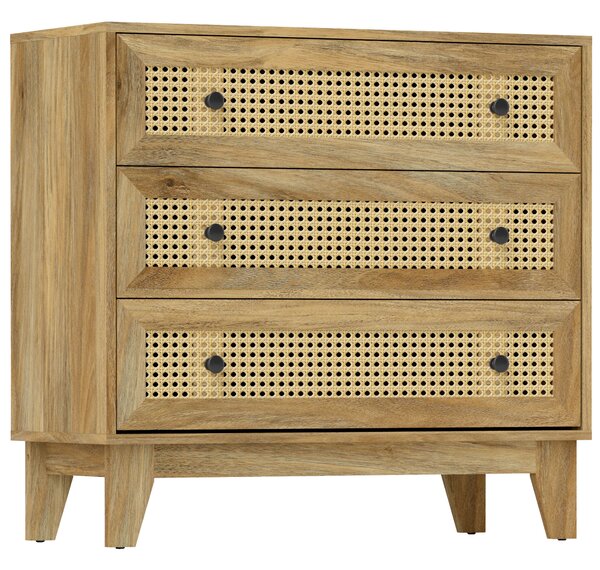 HOMCOM Cassettiera 3 cassetti mobile in rattan intrecciato aspetto legno chiaro 80 x 35 x 76 cm