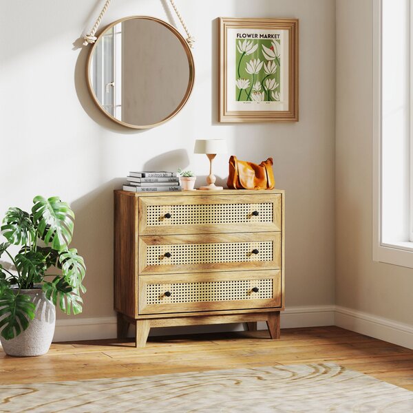 HOMCOM Cassettiera 3 cassetti mobile in rattan intrecciato aspetto legno chiaro 80 x 35 x 76 cm