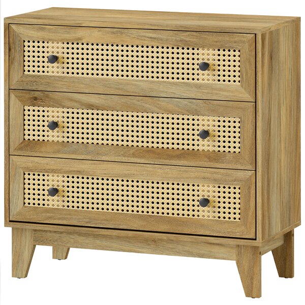 HOMCOM Cassettiera 3 cassetti mobile in rattan intrecciato aspetto legno chiaro 80 x 35 x 76 cm