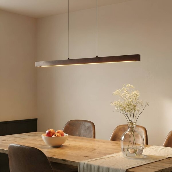 Lucande Lampada LED a sospensione Nihalo, noce, 122 cm, dimmerabile, CCT Nihalo Lucande, dimmerabile, Legno scuro, Soggiorno / Sala da pranzo, Legno, Campagna / Rustiche