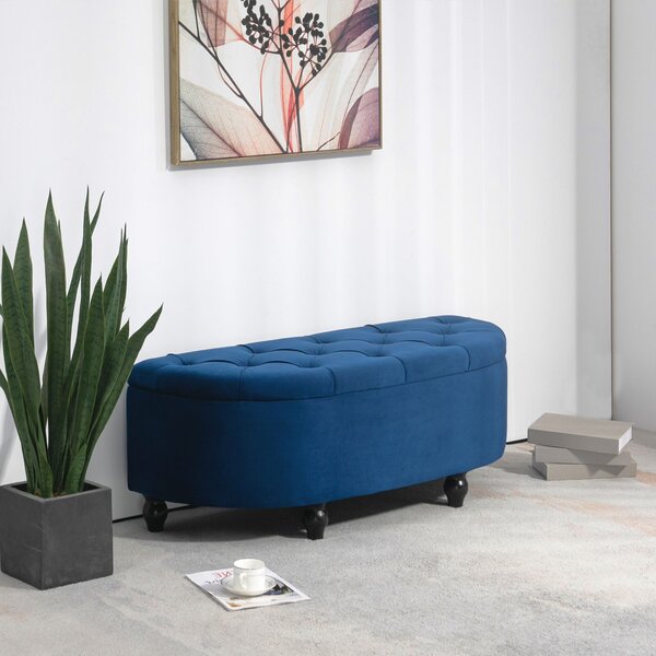 HOMCOM Pouf di Stoccaggio Contenitore 2 in 1 - Pouf capitonné Semicerchio - Piedi in Legno di Gomma Nera rivestimento Velluto Blu