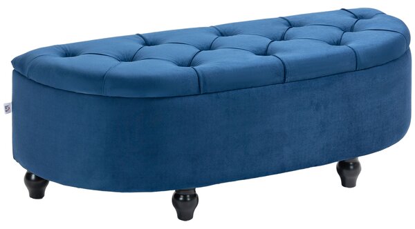 HOMCOM Pouf di Stoccaggio Contenitore 2 in 1 - Pouf capitonné Semicerchio - Piedi in Legno di Gomma Nera rivestimento Velluto Blu