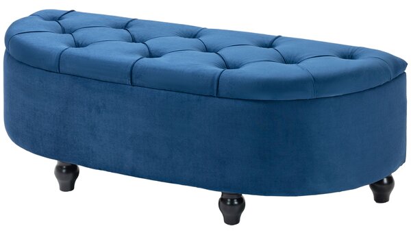 HOMCOM Pouf di Stoccaggio Contenitore 2 in 1 - Pouf capitonné Semicerchio - Piedi in Legno di Gomma Nera rivestimento Velluto Blu
