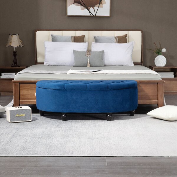 HOMCOM Pouf di Stoccaggio Contenitore 2 in 1 - Pouf capitonné Semicerchio - Piedi in Legno di Gomma Nera rivestimento Velluto Blu