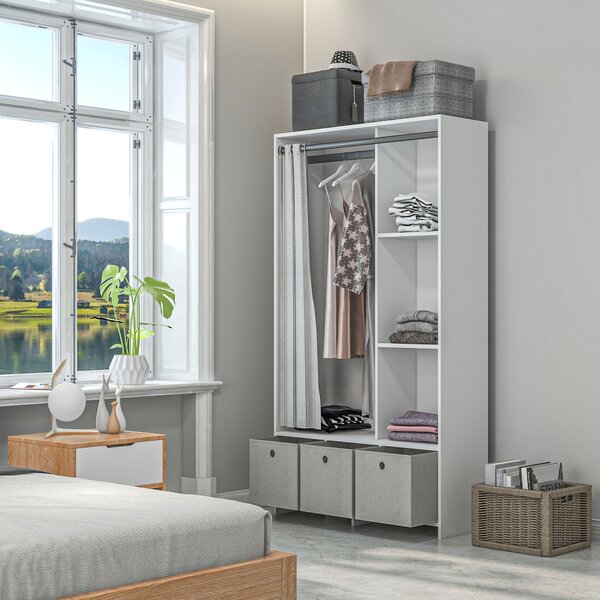 HOMCOM Armadio Guardaroba con Barra Appendiabiti, 3 Cassetti in Tessuto e 3 Ripiani, 105x48x160 cm, Bianco e Grigio | Aosom Italy