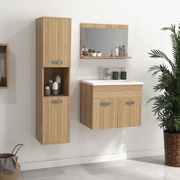 Kleankin Set di mobili per il bagno armadietto specchiera + mobile sottolavabo sospeso con lavabo + colonna naturale