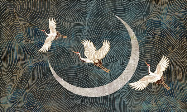 Carta da parati Pittura di uccelli che volano su una luna crescente, Carta da parati animali, Carta da parati popolare, u59573 - Tapeko.it