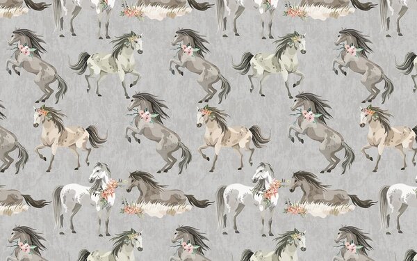 Carta da parati Motivo di cavalli con fiori, Carta da parati animali, Carta da parati popolare, u59511 - Tapeko.it
