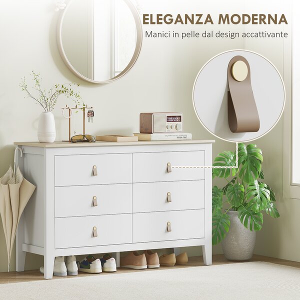 HOMCOM Cassettiera per Camera da Letto a 6 Cassetti con Maniglie in Finta Pelle, 120x40x78 cm, Bianco | Aosom Italy