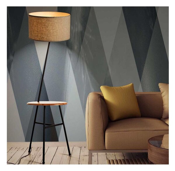 COMODA LAMPADA DA TERRA CON TAVOLINO INCORPORATO VINTAGE CON PARALUME TESSUTO