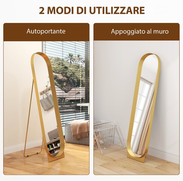 HOMCOM Specchio da Terra Moderno con Telaio in Metallo Autoportante o da Parete, 40x150 cm, Oro | Aosom Italy