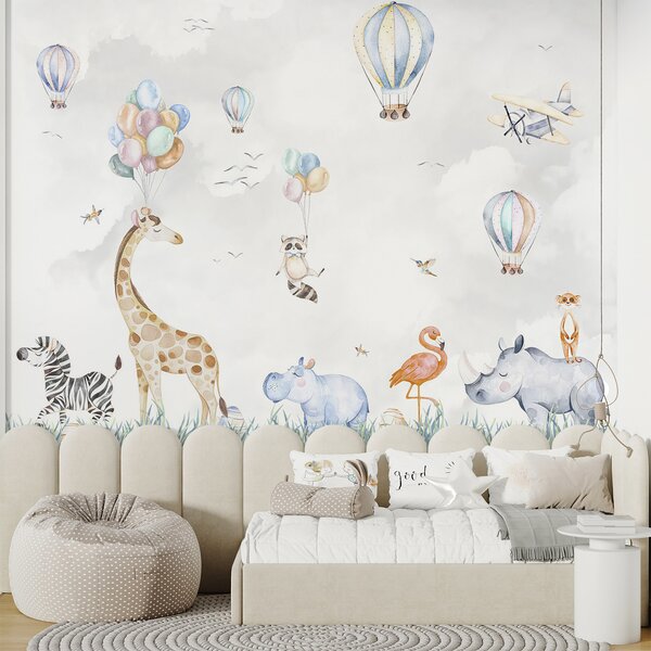 Carta da parati Murale di animali e palloncini, Carta da parati per Bambini, Carta da parati popolare, u59757 - Tapeko.it