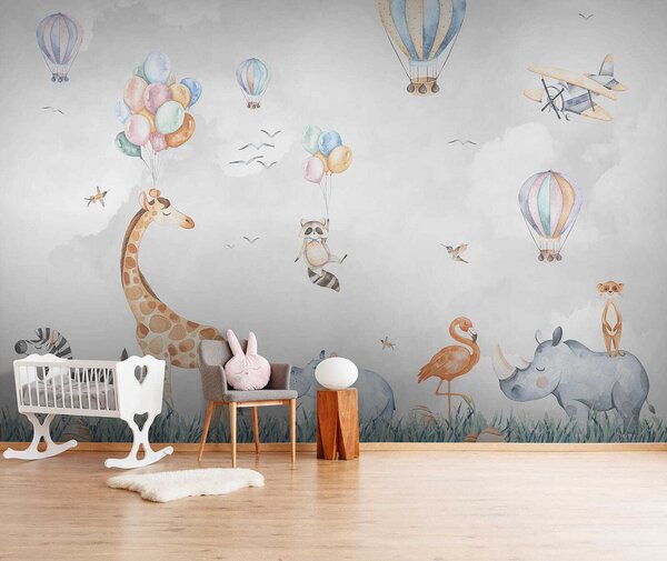 Carta da parati Murale di animali e palloncini, Carta da parati per Bambini, Carta da parati popolare, u59757 - Tapeko.it