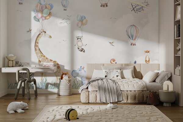 Carta da parati Murale di animali e palloncini, Carta da parati per Bambini, Carta da parati popolare, u59757 - Tapeko.it