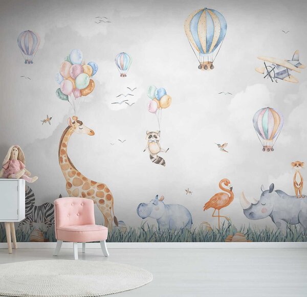 Carta da parati Murale di animali e palloncini, Carta da parati per Bambini, Carta da parati popolare, u59757 - Tapeko.it