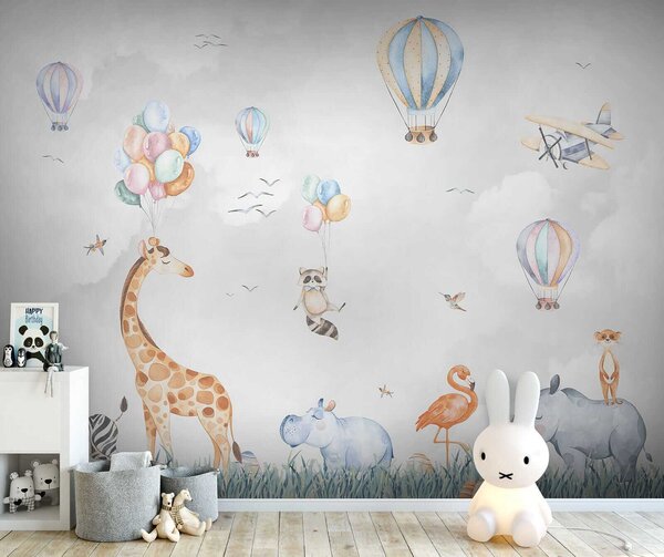 Carta da parati Murale di animali e palloncini, Carta da parati per Bambini, Carta da parati popolare, u59757 - Tapeko.it