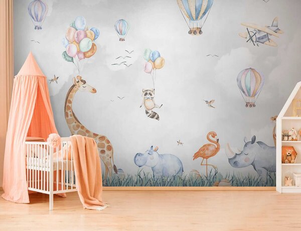 Carta da parati Murale di animali e palloncini, Carta da parati per Bambini, Carta da parati popolare, u59757 - Tapeko.it