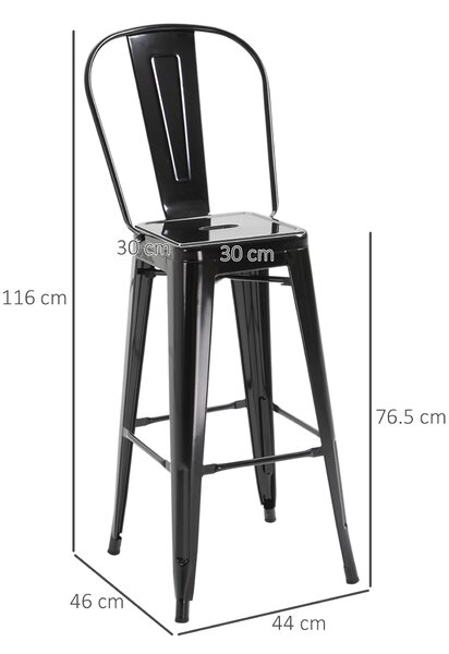 HOMCOM Sgabelli Impilabili in Metallo per Casa e Bar con Schienale Rimovibile e Poggiapiedi Design Industriale in Nero per Interni ed Esterni|Aosom