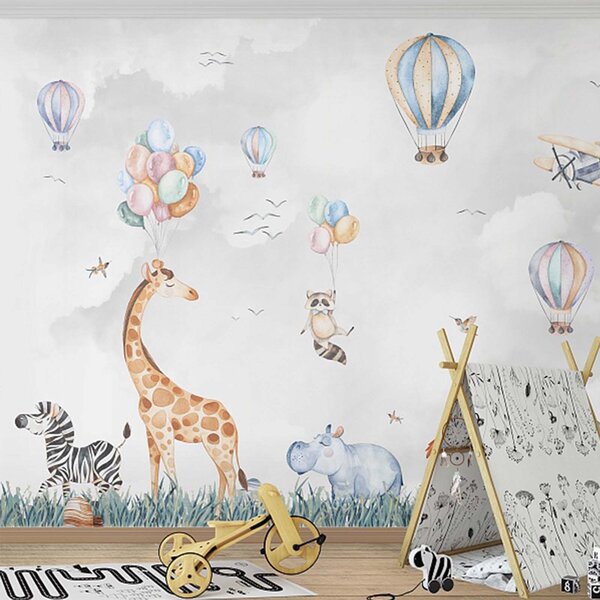 Carta da parati Murale di animali e palloncini, Carta da parati per Bambini, Carta da parati popolare, u59757 - Tapeko.it
