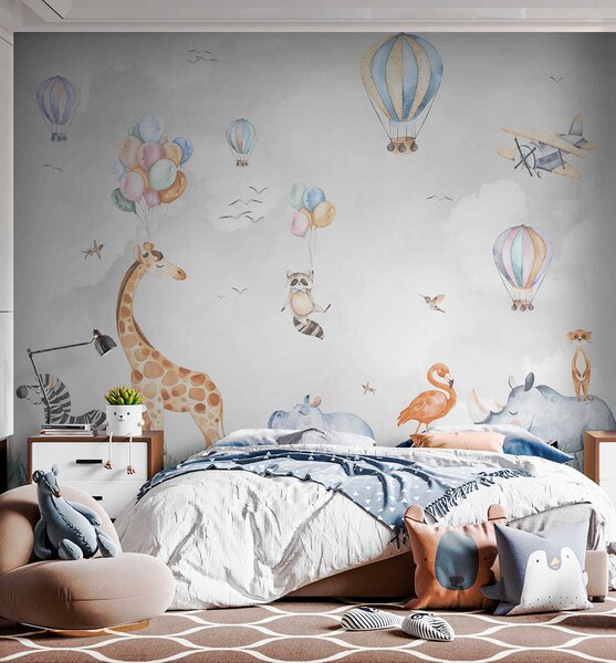Carta da parati Murale di animali e palloncini, Carta da parati per Bambini, Carta da parati popolare, u59757 - Tapeko.it
