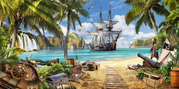 Carta da parati Nave pirata sulla spiaggia, Carta da parati per Ragazzo, Carta da parati popolare, u59784 - Tapeko.it