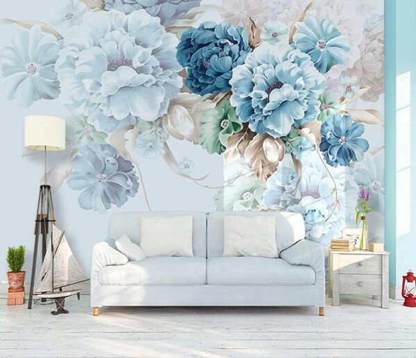 Carta da parati Composizione floreale blu tenue in fiore, Carta da parati Floreale, Carta da parati popolare, u59900 - Tapeko.it