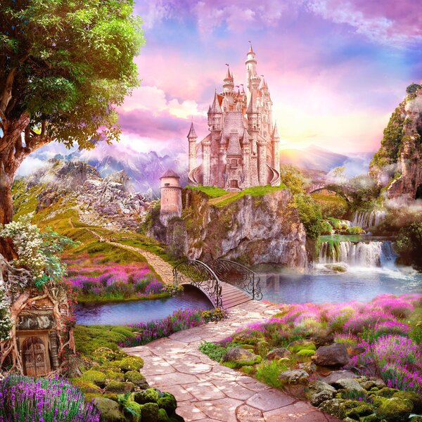Carta da parati Castello su una scogliera con cascata e ponte, Carta da parati per Bambini, Carta da parati popolare, u59924 - Tapeko.it