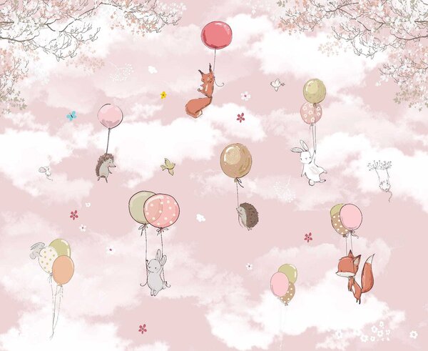 Carta da parati Gruppo di animali che volano con palloncini nel cielo, Carta da parati per Bambini, Carta da parati popolare, u59963 - Tapeko.it