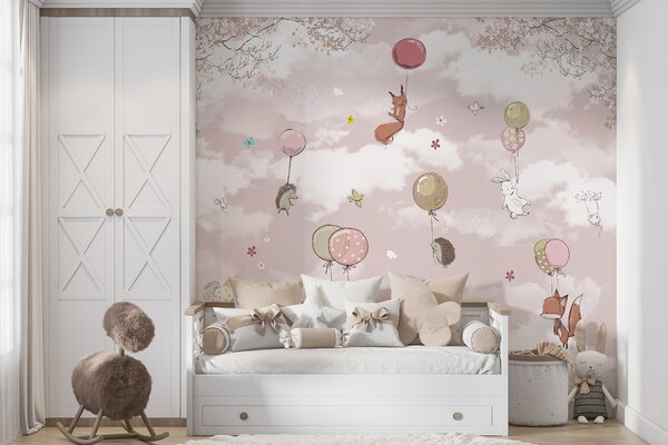 Carta da parati Gruppo di animali che volano con palloncini nel cielo, Carta da parati per Bambini, Carta da parati popolare, u59963 - Tapeko.it
