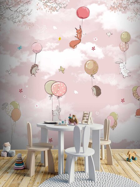 Carta da parati Gruppo di animali che volano con palloncini nel cielo, Carta da parati per Bambini, Carta da parati popolare, u59963 - Tapeko.it