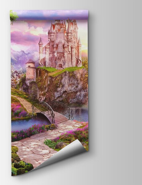 Carta da parati Castello su una scogliera con cascata e ponte, Carta da parati per Bambini, Carta da parati popolare, u59924 - Tapeko.it