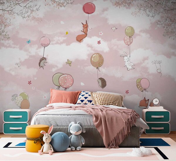 Carta da parati Gruppo di animali che volano con palloncini nel cielo, Carta da parati per Bambini, Carta da parati popolare, u59963 - Tapeko.it