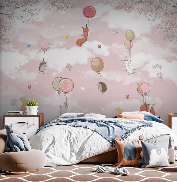 Carta da parati Gruppo di animali che volano con palloncini nel cielo, Carta da parati per Bambini, Carta da parati popolare, u59963 - Tapeko.it