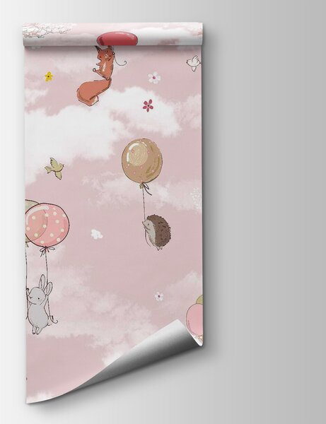 Carta da parati Gruppo di animali che volano con palloncini nel cielo, Carta da parati per Bambini, Carta da parati popolare, u59963 - Tapeko.it
