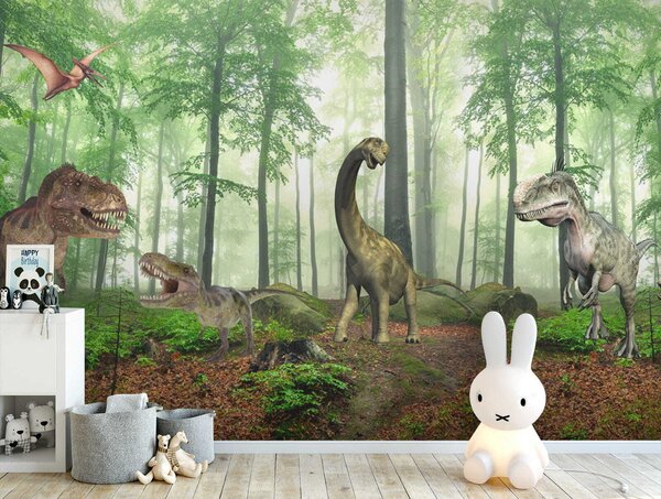 Carta da parati Gruppo di dinosauri in una foresta, Carta da parati per Bambini, Carta da parati popolare, u60039 - Tapeko.it