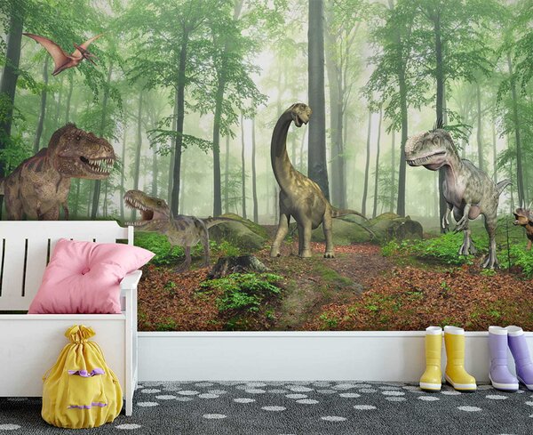 Carta da parati Gruppo di dinosauri in una foresta, Carta da parati per Bambini, Carta da parati popolare, u60039 - Tapeko.it