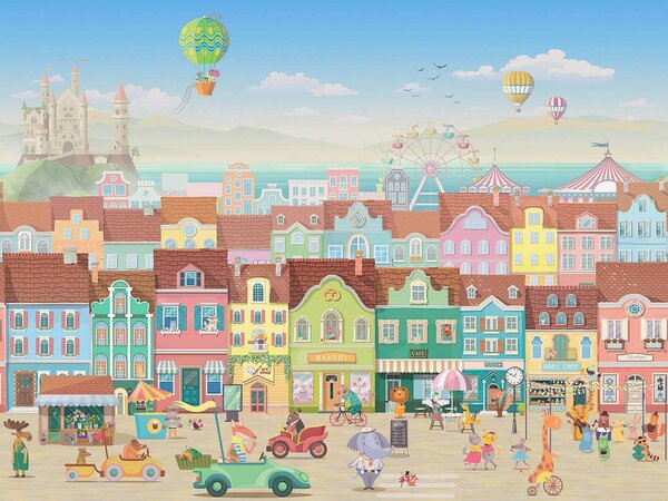Carta da parati Città dei cartoni animati con molti edifici e una ruota panoramica, Carta da parati per Bambini, Carta da parati popolare, u60021 - Tapeko.it