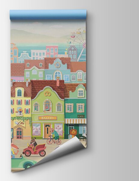Carta da parati Città dei cartoni animati con molti edifici e una ruota panoramica, Carta da parati per Bambini, Carta da parati popolare, u60021 - Tapeko.it